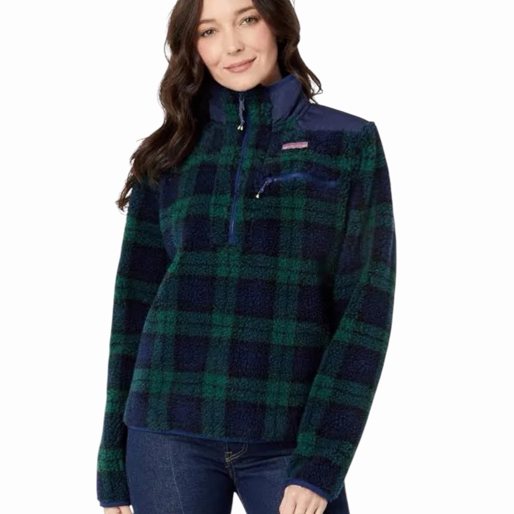 Vineyard Vines Fleece 1/4 Zip Pullover Navy Green Blackwatch Plaid Women's L